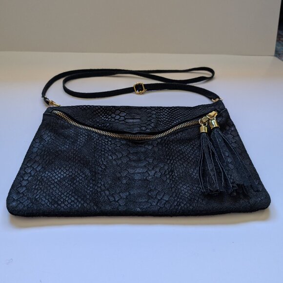 Gorgeous Vintage Italian black textured Leather Clutch/Crossbody Bag - Picture 2 of 16